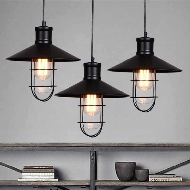 Rustic Pendant Lights Vintage Style Pendant Lamps Rounded Metal Lamp Shade Kichler Pendant Lighting Linear Suspension Lighting Black Color Kitchen
