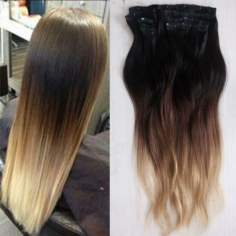 160g 24 26 28 Inch Ombre Brazilian Clip In Human Hair Extensions