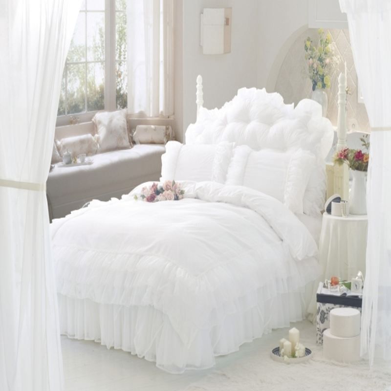 Wholesale Luxury Snow White Lace Bedspread Princess Bedding Sets