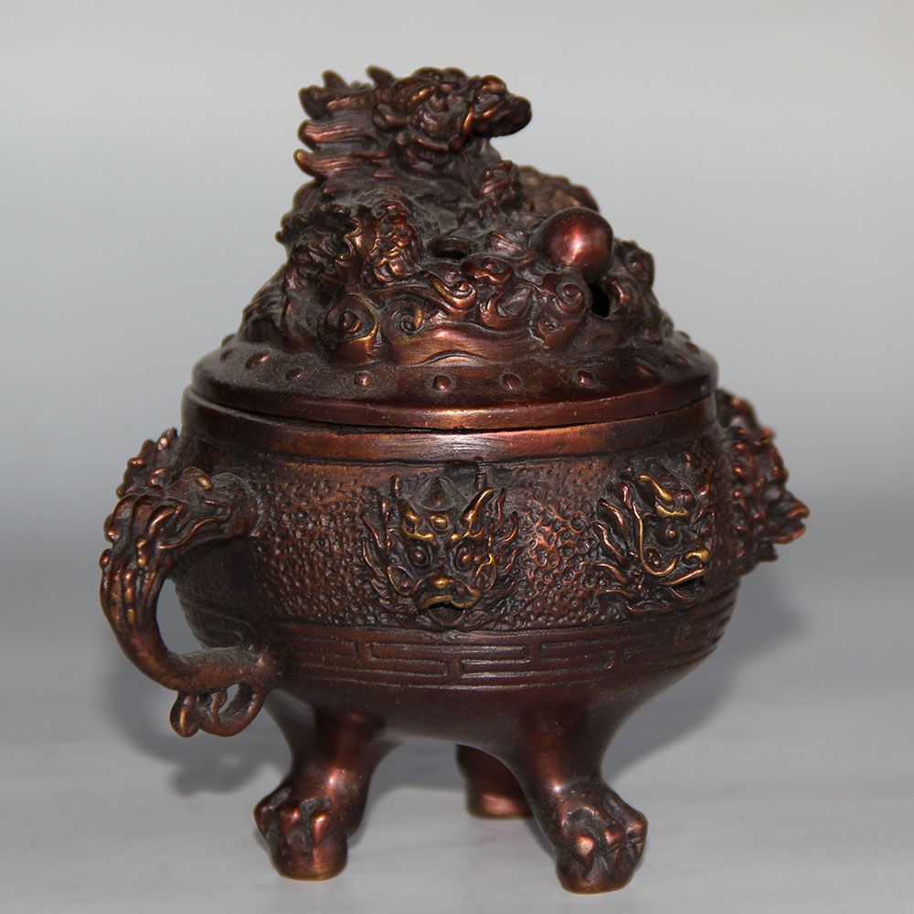 China classical Bronze Signed lucky dragon Statue incense burner Censer