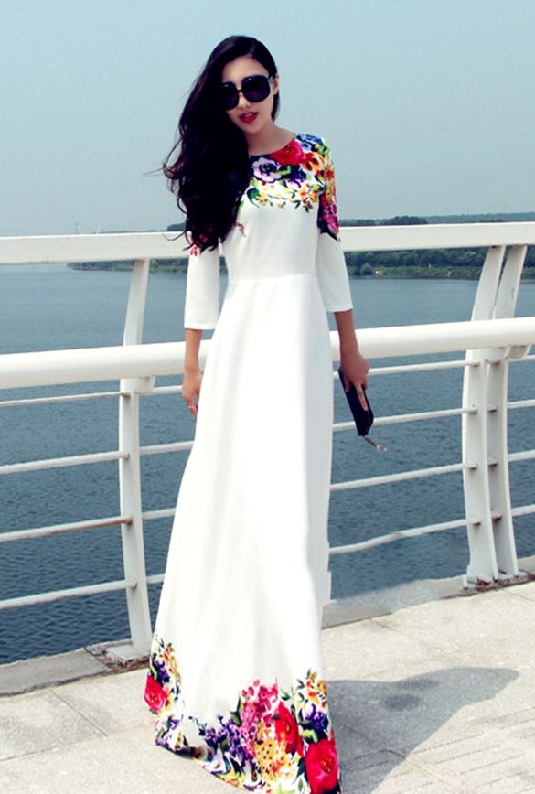 Fashion Women Evening Sexy Party Long Dresses Floral Print Dresses Long Sleeve Summer Autumn Dresses O Neck Loose Sundress Junior Party Dresses White Floral Dress From Kbetty168 46 8 Dhgate Com