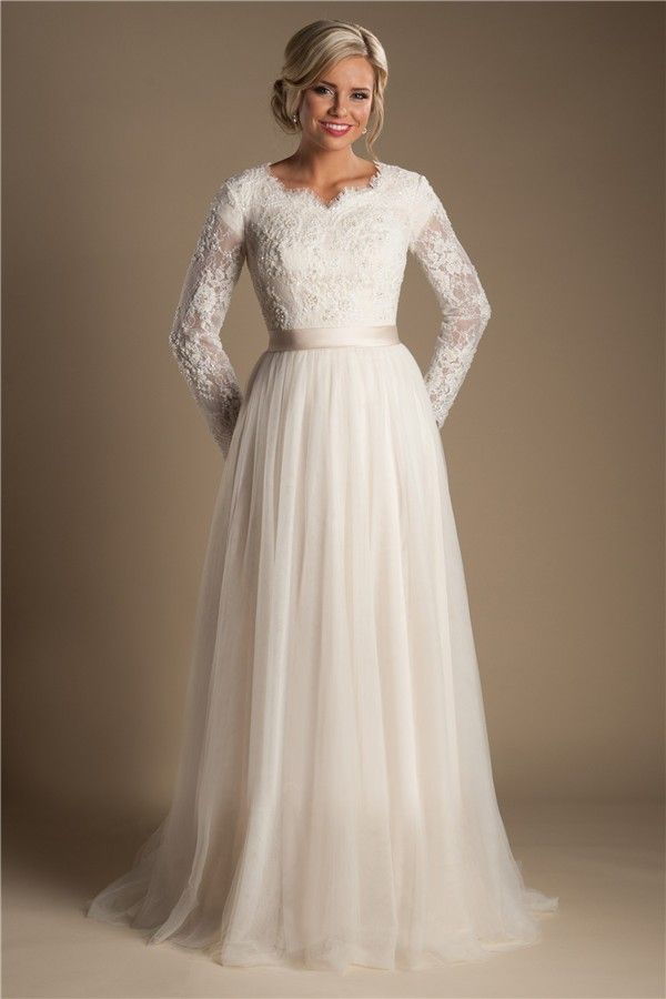 Ivory A Line Beaded Lace Tulle Modest Wedding Dresses With Long Sleeves ...