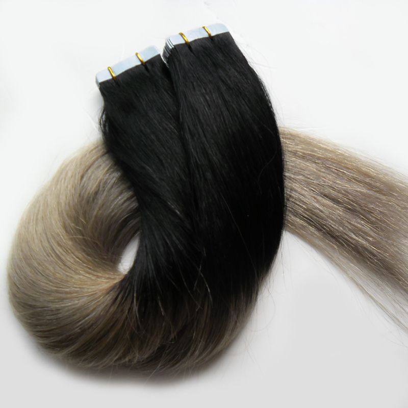 Ombre Tape In Human Hair Extensions Brazilian 1b Silver Gray Hair