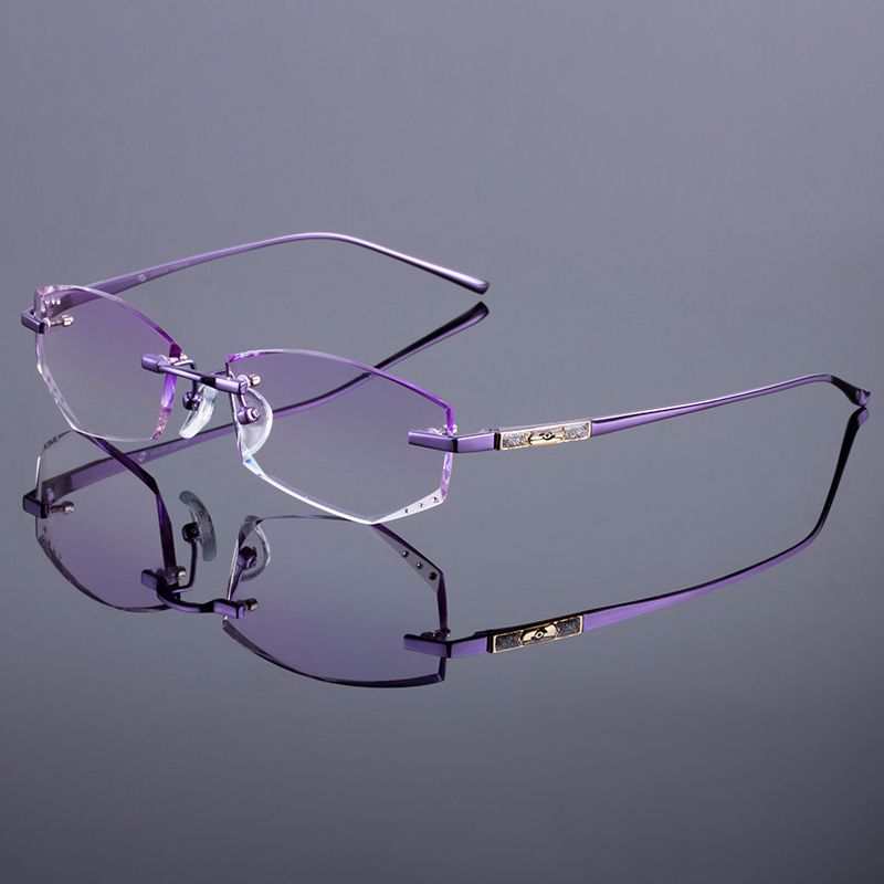purple rimless eyeglasses