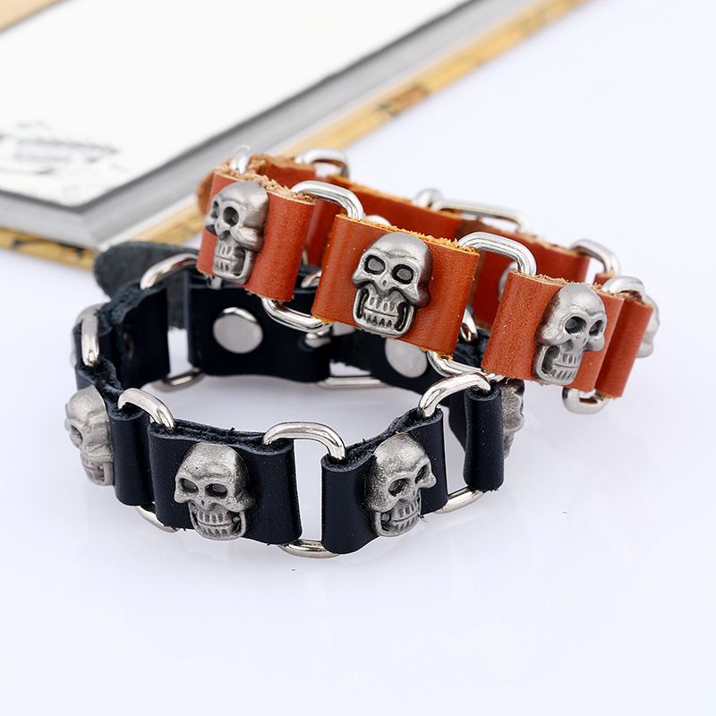 Punk Rock Jewelry Skull Leather Men Bracelet Cuff Gothic Hand Made For
