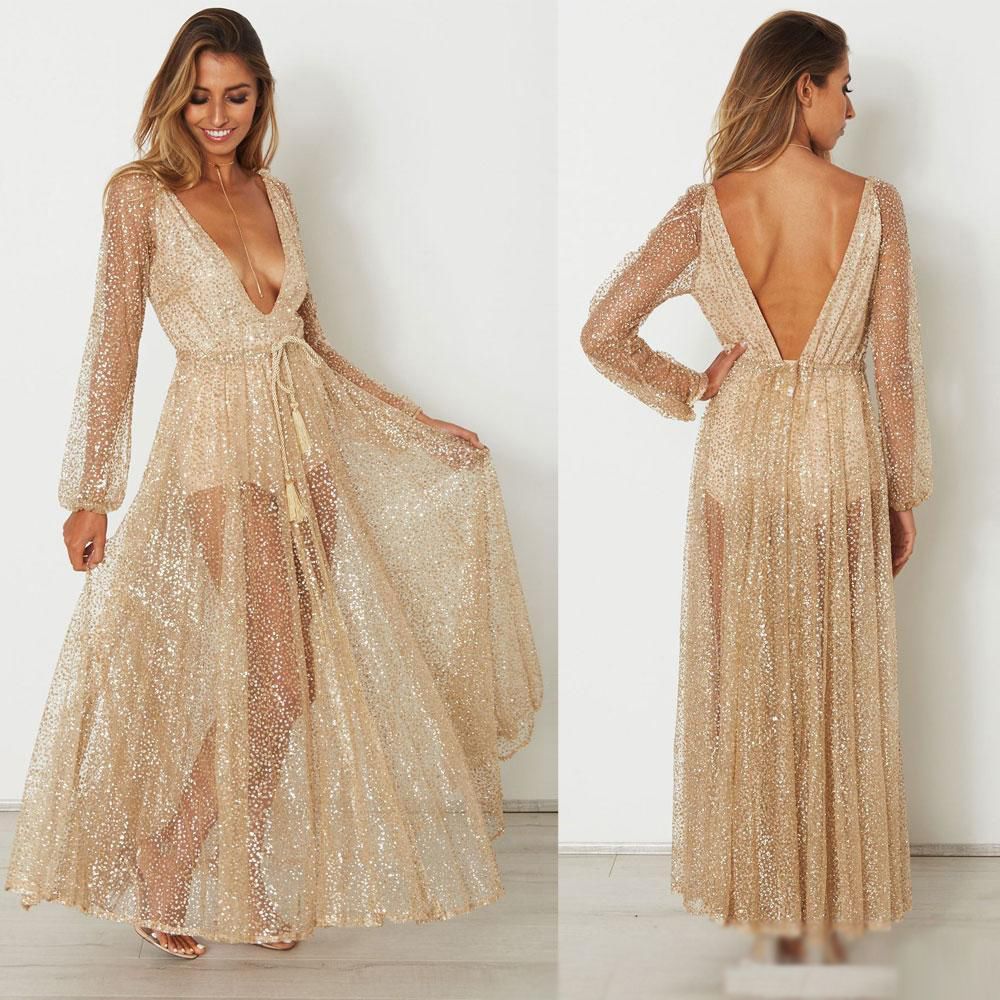 long sleeve plunge sequin dress