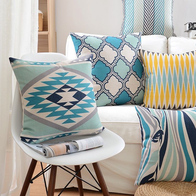 Nordic Minimalism Blue Geometric Cushion Covers Chevron Stripe