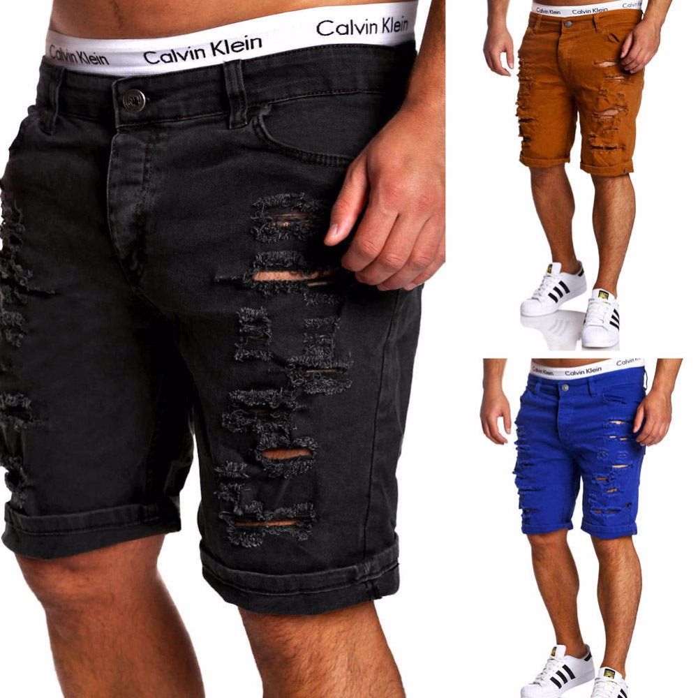 Negro Rasgado Jeans Hombre 2017 Marca Corto Ciclista Denim Jeans Verano Casual Slim Fit Agua Lavado Straight Short Jeans De 18,2 € | DHgate