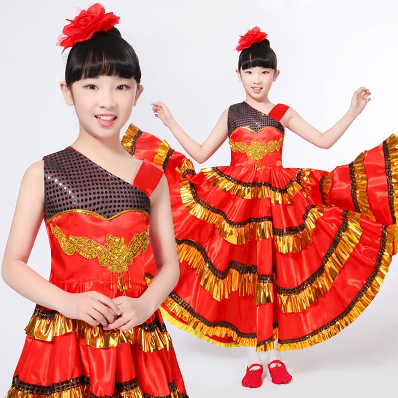 Acheter Nouveau Costume Danseur Espagnol De Mode Filles Flamenco Deguisement Rouge Noir Senorita Enfant Vetements De Danse De 16 62 Du Auction Fr Dhgate Com