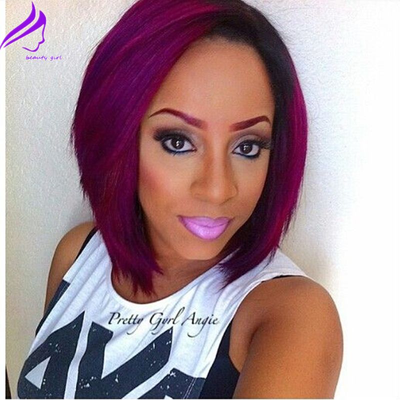 New Black To Purple Ombre Color Short Wigs For Black Women Heat