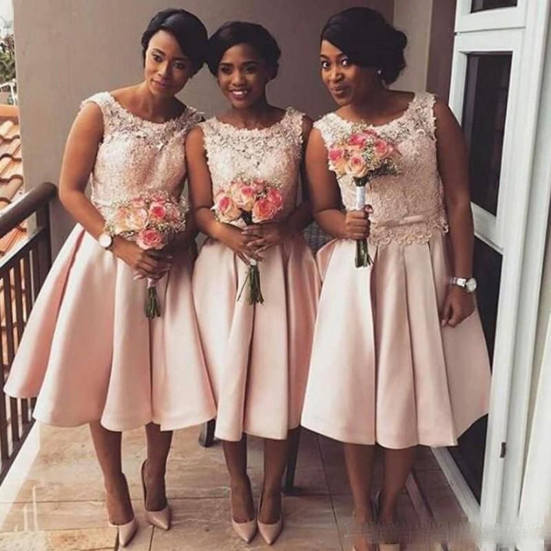 pink tea length bridesmaid dresses