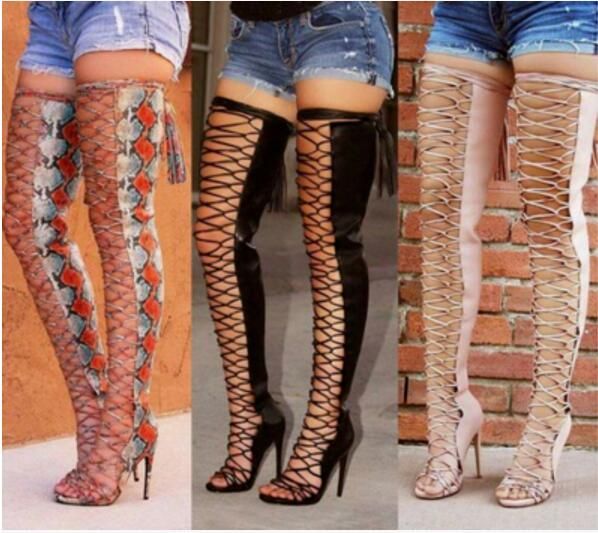 lace up peep toe thigh high boots