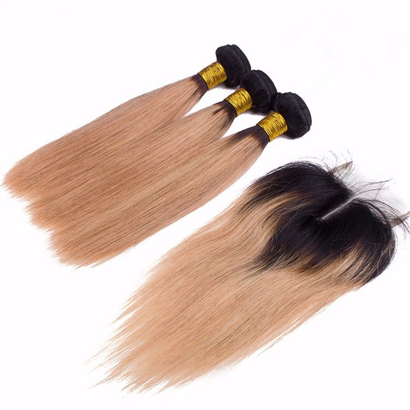 2019 Honey Blonde Dark Roots Ombre Hair Wefts With Lace Closure 2 Tone 1b 27 Ombre Straight Hair Bundles With Top Closure From Vivo Hair 117 58