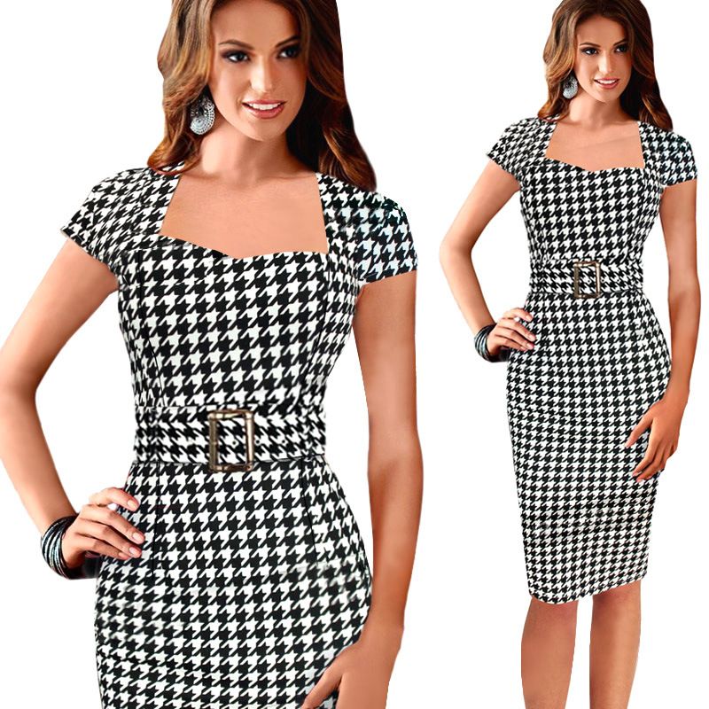Compra Vestido De Trabajo Elegante Para Mujer Oficina De Trabajo Vestido De  Manga Corta Para Mujer Cuadrícula Naranja Con Cinturón Slim Fit Bodycon  Vestido Casual Para Mujer Barato | Entrega Rápida Y