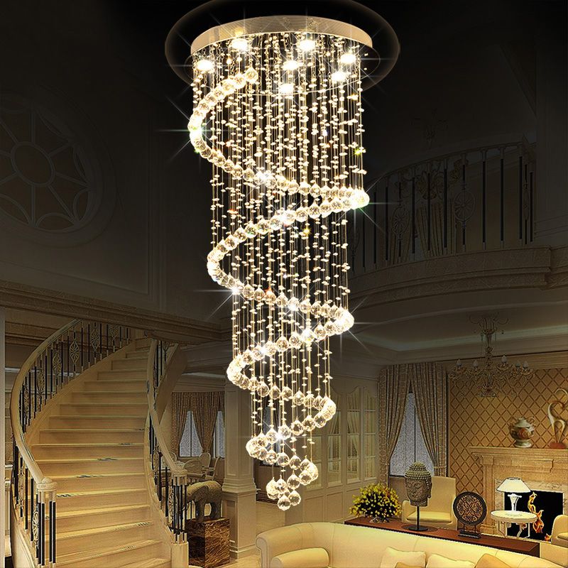 Modern Led Spiral Lustre Crystal Ceiling Light Fixtures Long Stair