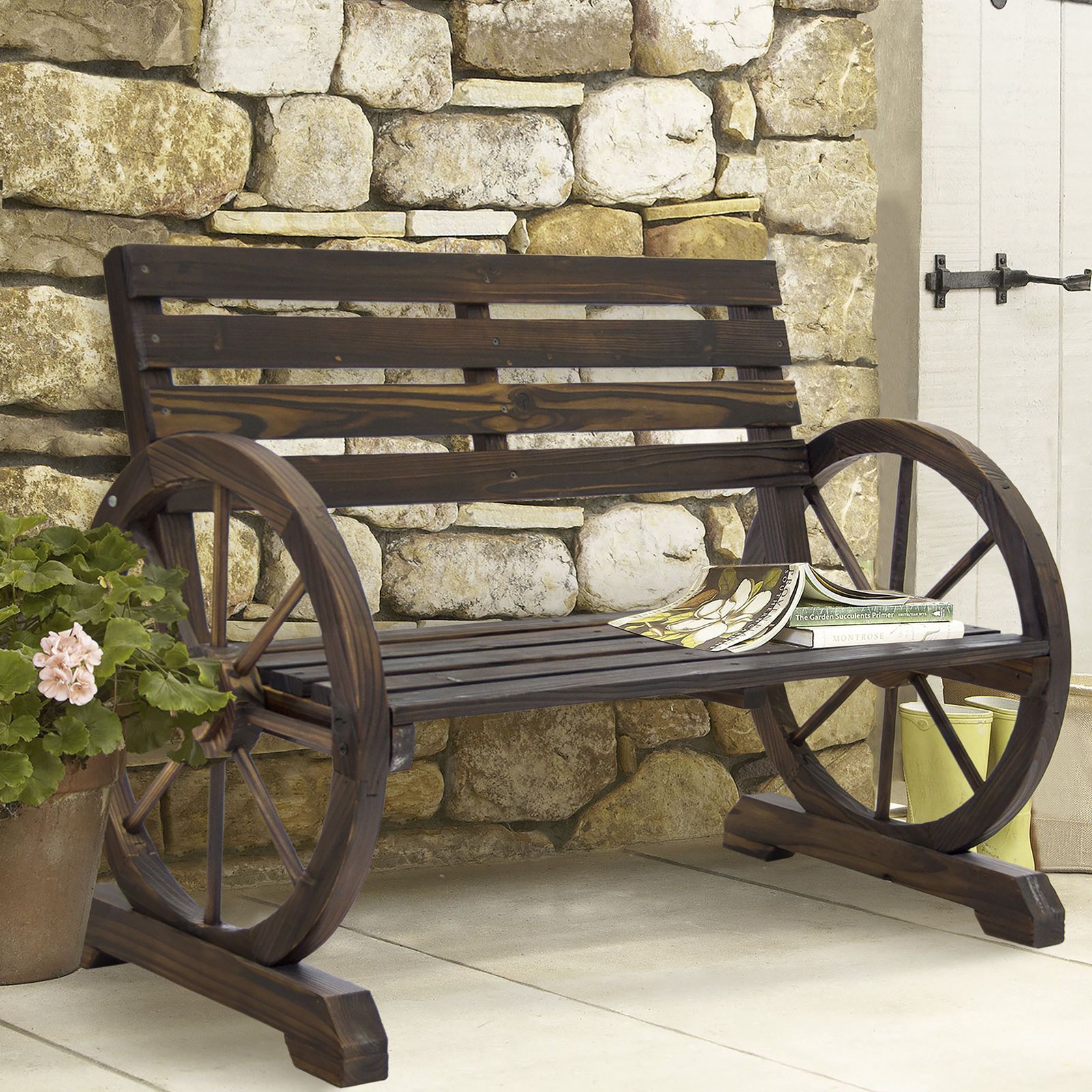 2019 Bcp Patio Garden Wooden Wagon Wheel Bench Rustic Wood