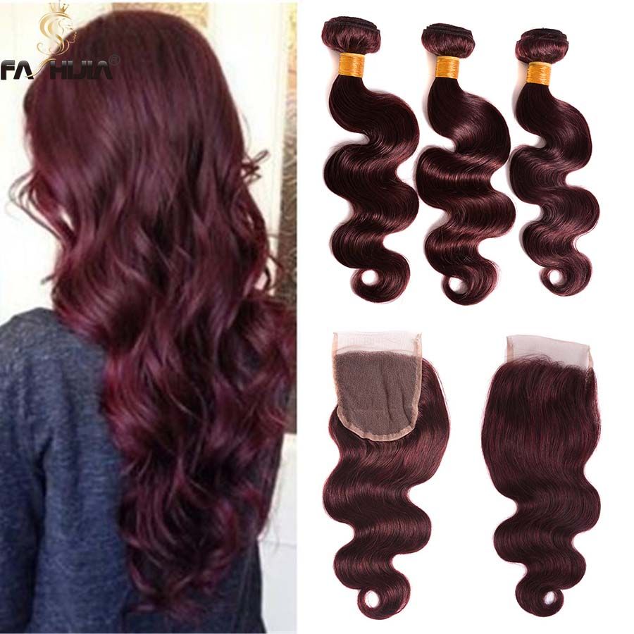 2019 Brazilian Virgin Human Hair Bundles With Closure Lace 4 4 Mahogany Burgundy Red Body Wave Weave Closure With Bundles Crochet Hair Extension From