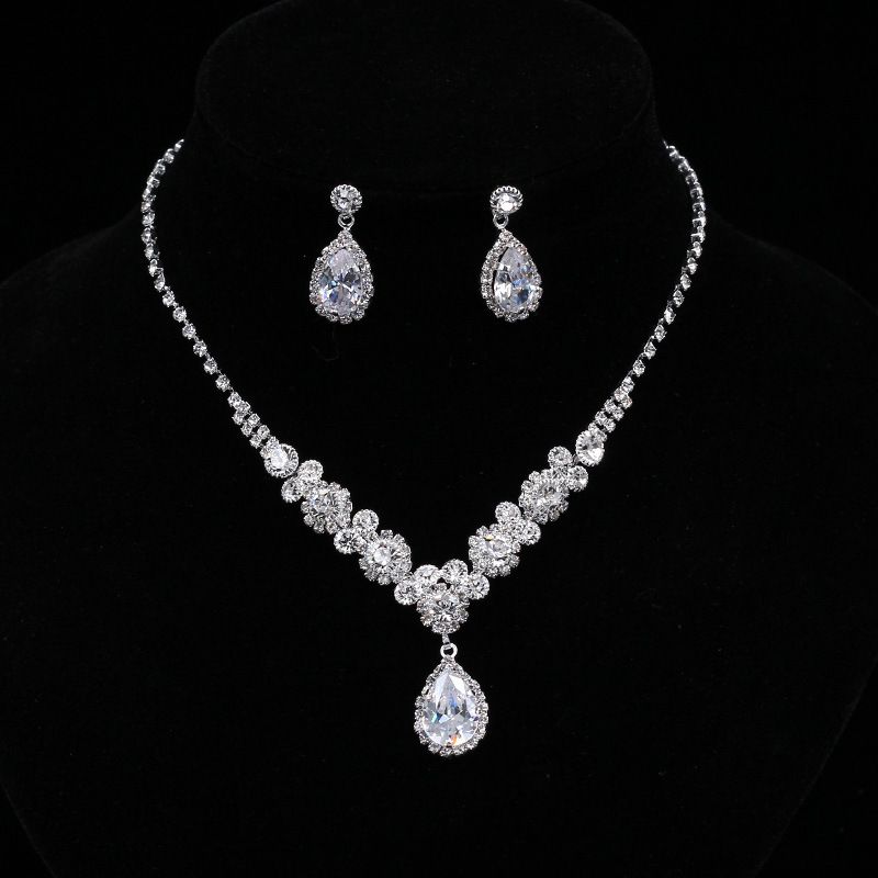Women's Ladies Wedding Bridal Jewellery Drop Necklace Silver Crystal UK Seller