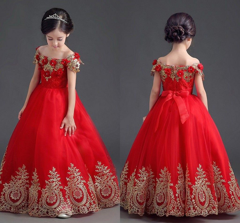 Elegantes Vestidos De Desfile De Princesa Roja Para Niñas Apliques Del Hombro Hasta El Suelo Vestido De Fiesta Vestidos De Gala Para De Flores Para Pequeñas De 73,32