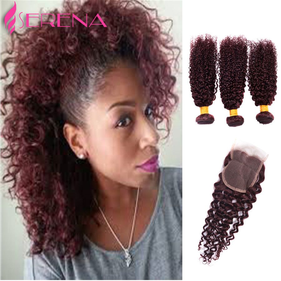 2020 Burgundy Indian Deep Wave With Closure Loose Wave Virgin Hair