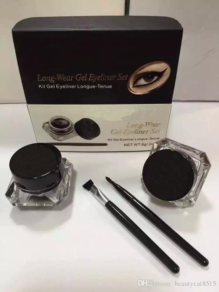 Hot Wholesale Eyeliner delineador de ojos Kit de desgaste de largo Gel Conjunto 2 unids con pinceles de ojo de calidad genuina de calidad de eyeliner de maquillaje libre
