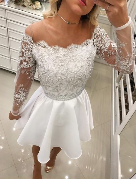 Compra Vestidos De Fiesta Blanco Manga Larga Apliques De Encaje Vestidos De  Graduación Joya Cuello Perlas Peplum Vestidos De Fiesta Cortos Para Vestidos  Barato | Entrega Rápida Y Calidad | DHgate Spain