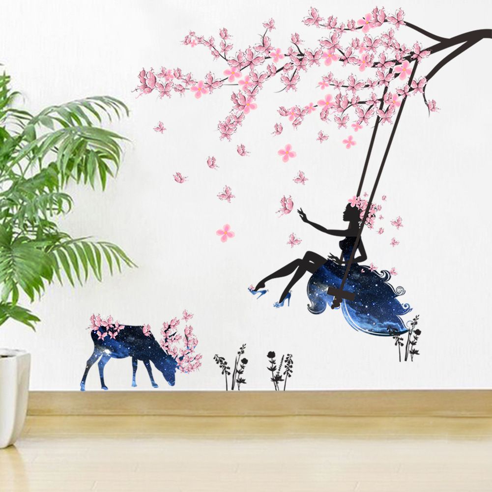 Jolie f/ée rose et papillons en dessin anim/é sticker mural