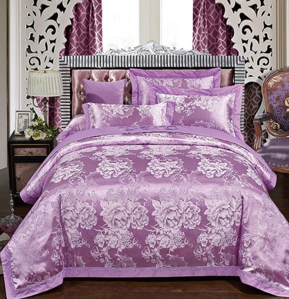 Luxury Purple Bedding Set Uropean Embroidered Floral Satin