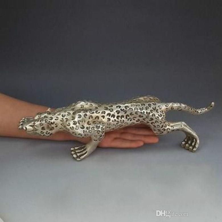 13.8"Silver Handmade Feng Shui Evil Animal Run Panther Leopard Art Statue