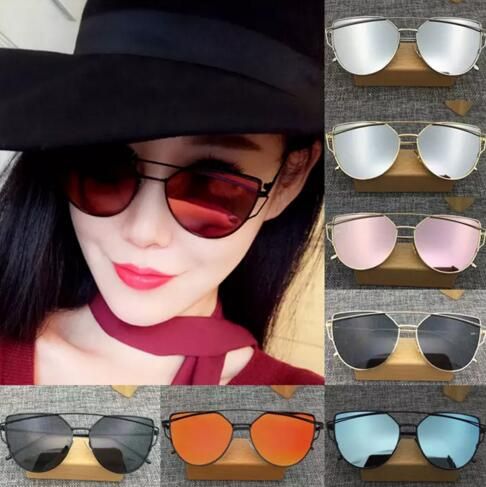 womens flat lens mirror metal frame oversized cat eye sunglasses