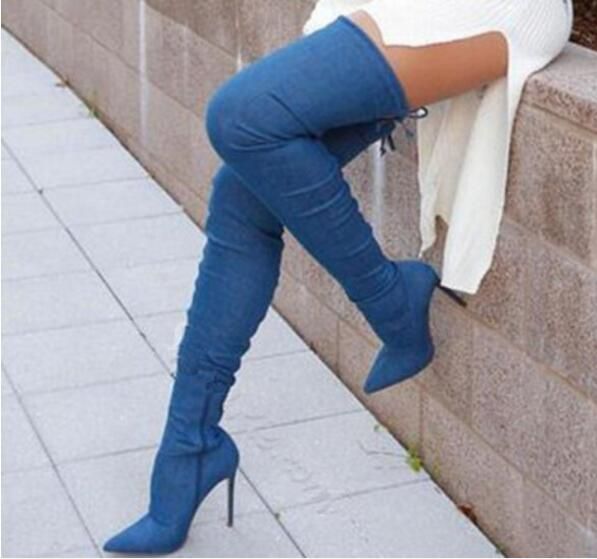 denim knee high boots