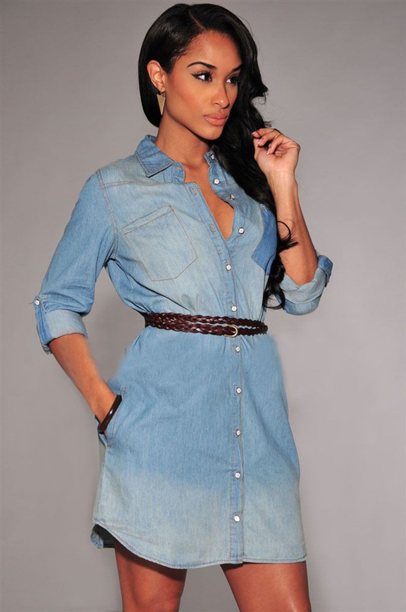 2017 Stylish Style Women Casual Denim Mini Shirt Dress Loose Long ...