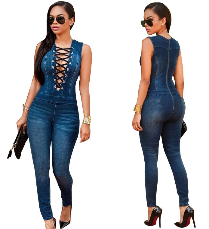 denim v neck jumpsuit