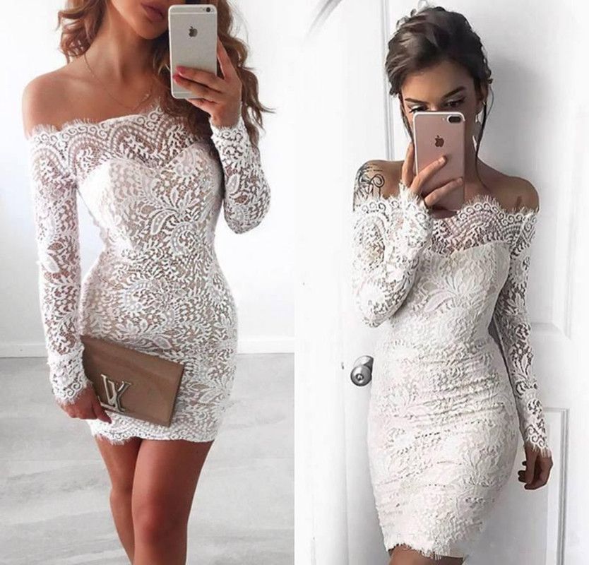 Compra Vestidos De Cóctel De Encaje Completo Blanco Vestido Corto De Manga  Corta Con Cuello Redondo Vestido Largo De Fiesta Barato | Entrega Rápida Y  Calidad | Es.Dhgate