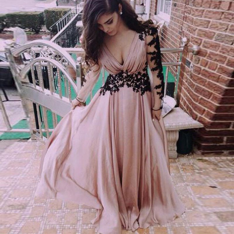 3 4 Sleeves V Neck Lace Chiffon Prom Dress Maxi Formal Evening