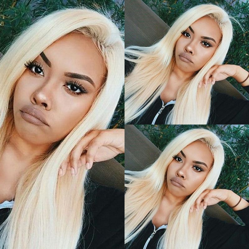 613 Full Lace Human Hair Wigs Silky Straight Platinum Blonde Lace