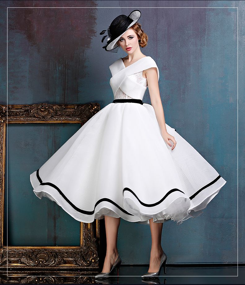 White Vintage Prom Dresses Tea Length Ball Gowns Capped V Neck Sash