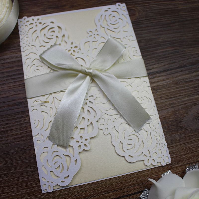 Wedding Invitation Fleur Creux Découpé au laser carte avec Candy Box Ruban enveloppes 