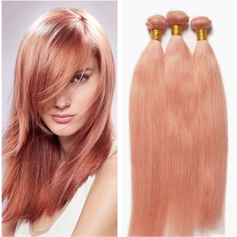 Rose Gold Human Hair Bundles Silk Straight Peruvian Virgin Hair Bundles  3Pcs Lot Rose Pink Straight Hair Extensions No Tangle