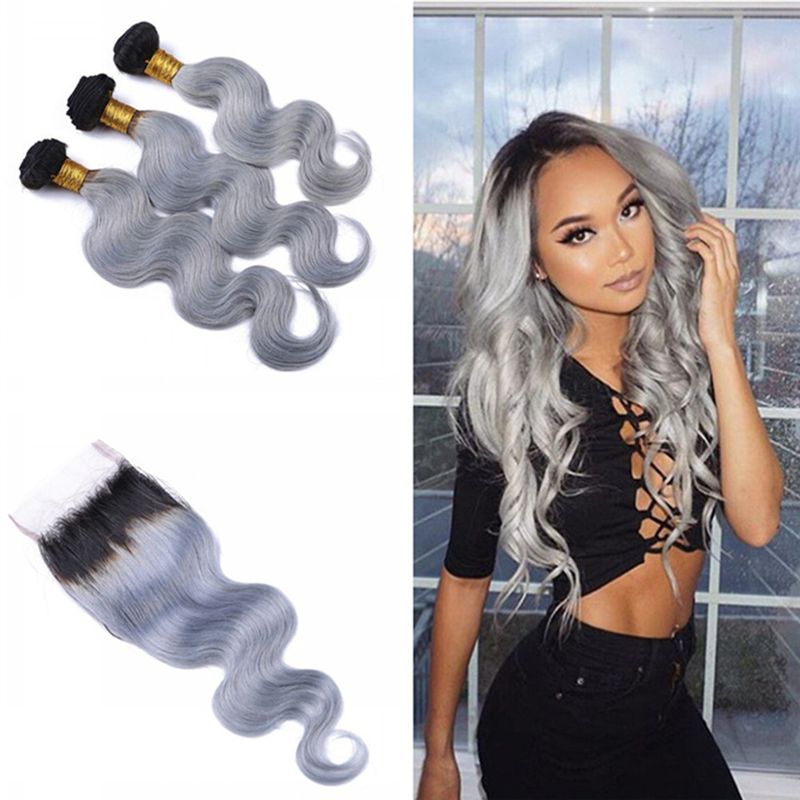 Dark Roots 1b Grey Hair 3 Bundles With Closure 4x4 Body Wave