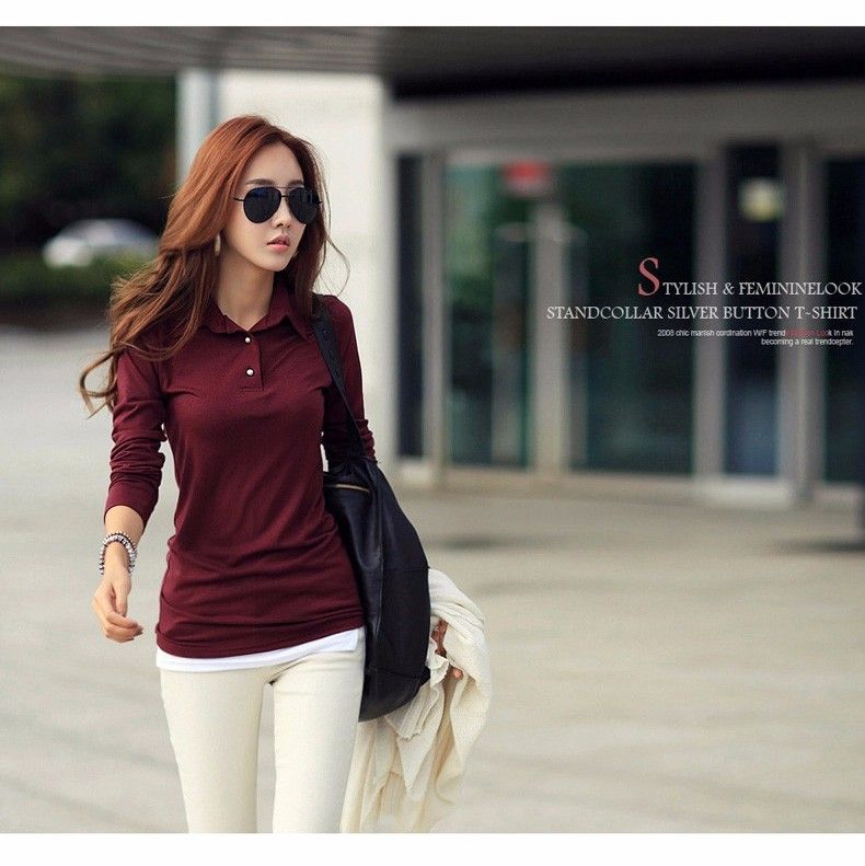 Primavera otoño Casual Polo mujer nueva manga larga Slim Polos Mujer blanco rojo Tops para dama Polo camisa Femme