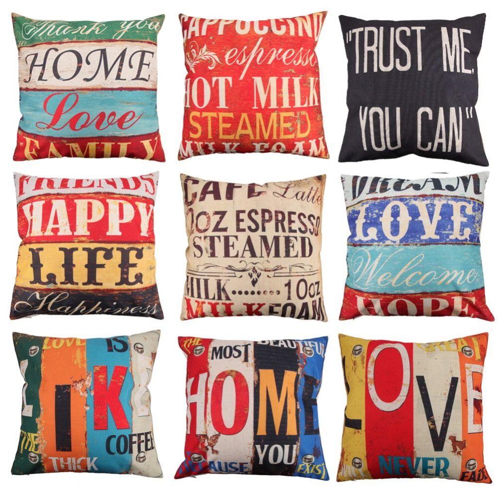 8 Styles 45x45cm Cotton Linen Quote Pillow Case Creative Letters