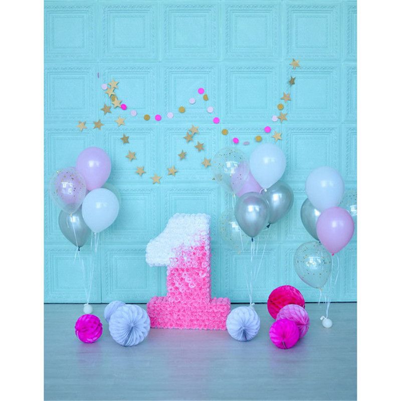Indoor Blue Wall Photograpgy Backgroud Pink Flowers Baby Girl's 1st Birthday  Party Backdrop Colorful Balloons Kids Photo Shoot Props
