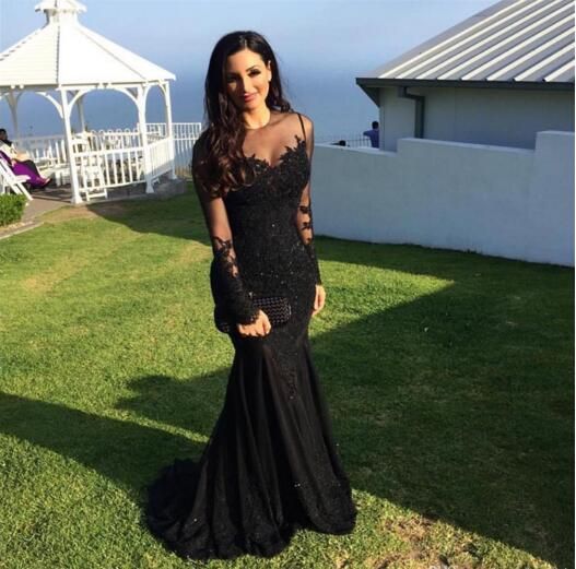 Compra 2017 Vestidos Negros Elegantes Vestidos De Noche Traje De Noche  Ilusión Manga Larga Sirena Apliques De Encaje Beades Sweep Train Sirena  Vestidos De Baile Barato | Entrega Rápida Y Calidad | Es.Dhgate