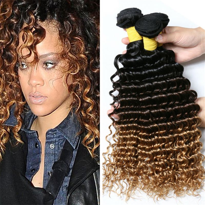 1b 4 27 Honey Blonde Ombre Deep Wave Virgin Hair Weaves Three Tone