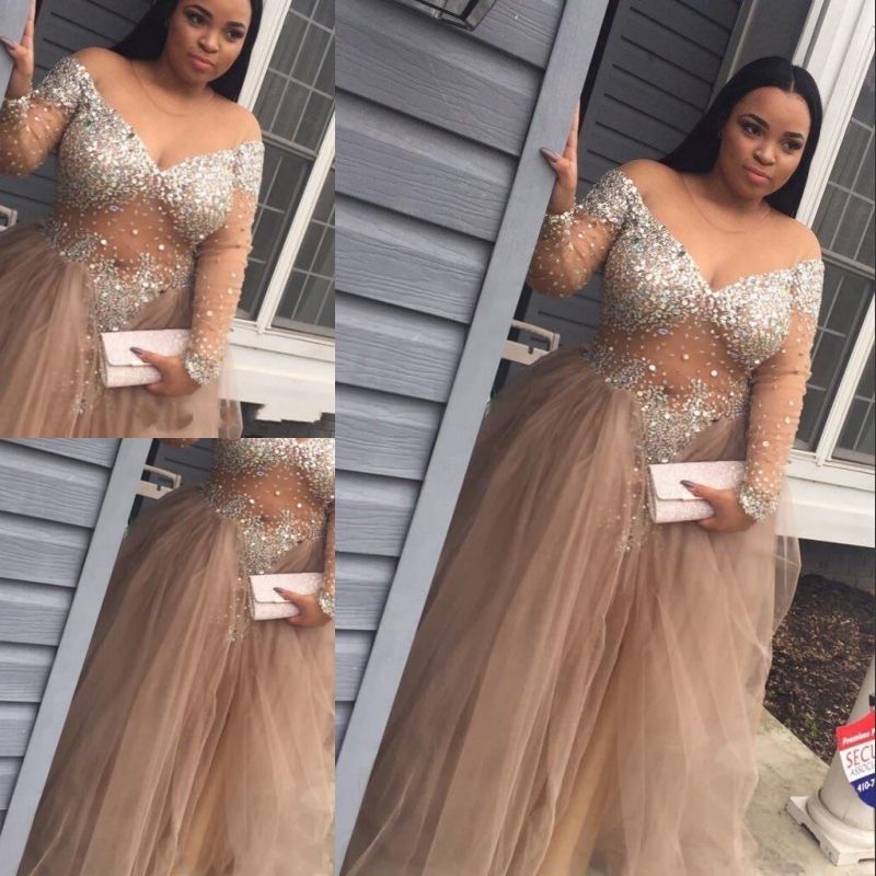 Champagne Plus Size Prom Dresses Generous Long Sleeve Illusion Formal