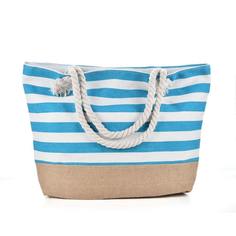 Blue Stripes Beach Bag Light Type Canvas Zipper Woman Handbag Ladies Sea Travel Bag Casual Totes ...