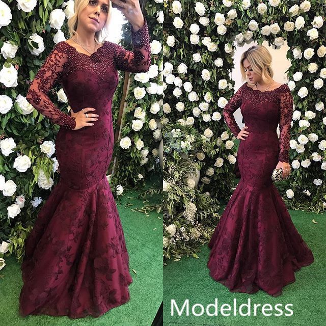 2019 Burgundy Lace Mermaid Prom Dresses Long Sleeve Jewel Beads Long Formal Evening Party Gowns Vestidos De Fiesta Special Occasion Dress Shop Prom
