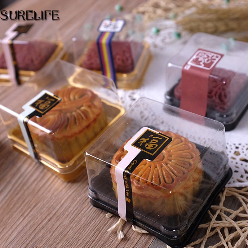 5pcs Mini Clear Plastic Square Moon Cake Container Cupcake Boxes Holder Cover 