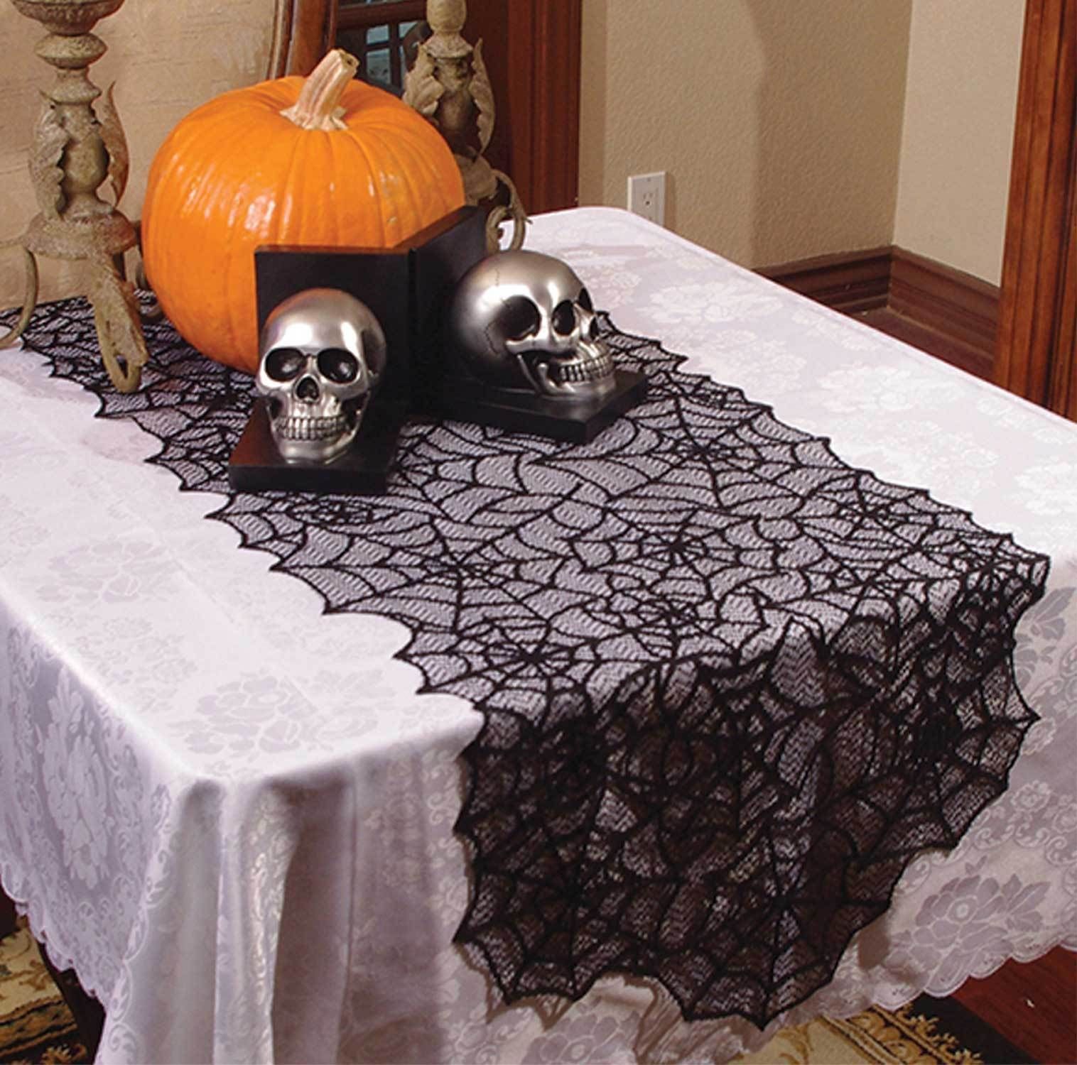 Halloween Lace Skull Spider Table Runner Spooky Holiday Kitchen Gothic Decor NEW Halloween Lace Skull Spider Table Runner Spooky Holiday Kitchen Gothic Decor NEW